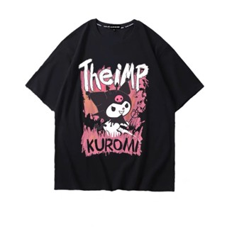 Unisex Sanrio KUROMI เสื้อยืดสีดำหญิงฤดูร้อน 2023 ใหม่นักเรียนญี่ปุ่นอินเทรนด์แขนสั้นผ้าฝ้ายด้านบน ฤดูร้อน