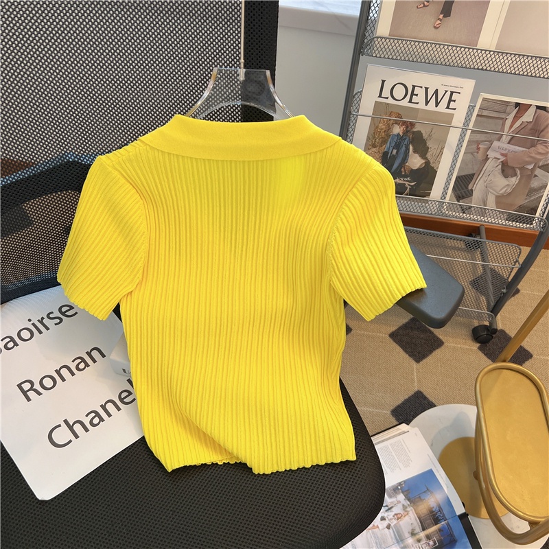 เสื้อเชิ้ตถัก-คอปก-ทรงสลิมฟิต-พิมพ์ลายตัวอักษร-สไตล์เรโทร-แฟชั่นสําหรับผู้หญิง