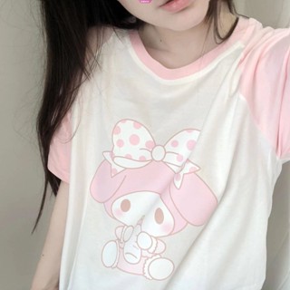 เสื้อยืดแขนสั้น พิมพ์ลายการ์ตูนอนิเมะ Sanrio My Melody Y2k สีขาว สีชมพู เหมาะกับฤดูร้อน สําหรับผู้หญิง และนักเรียน