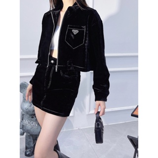 PX5R PRA * A 23 autumn and winter New short jacket coat zipper hip-wrapped skirt velvet suit womens letter triangle