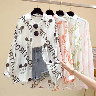เสื้อคาร์ดิแกน ผ้าชีฟอง พิมพ์ลายตัวอักษร ทรงหลวม สไตล์เกาหลี สําหรับผู้หญิง