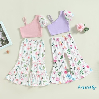 Aqq- ชุดเสื้อแขนกุด พิมพ์ลายดอกไม้ และกางเกงบาน แฟชั่นฤดูร้อน สําหรับเด็กผู้หญิง