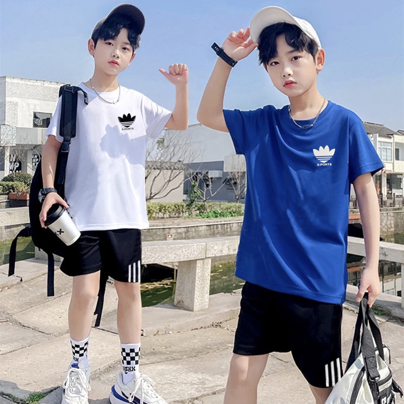 ชุดกีฬา-เสื้อแขนสั้น-กางเกงขาสั้น-แบบแห้งเร็ว-แบบบาง-ขนาดใหญ่-แฟชั่นฤดูร้อน-สําหรับเด็กผู้ชาย-สองชิ้น