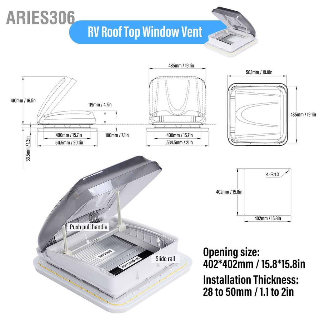 aries306-ช่องระบายอากาศบนหลังคา-rv-402-มม-ยาว-กว้างพร้อมม่านบังแดดกันแมลงสำหรับ-caravan-motorhome