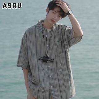 ASRV ผู้ชายแขนสั้นสไตล์ญี่ปุ่นปกใหม่ย้อนยุคส่วนบางสบาย ๆ นักเรียนหล่อเสื้อลายทางแบรนด์น้ำ