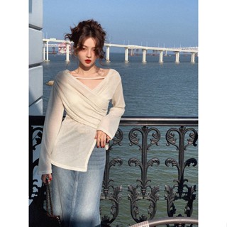 เสื้อกันหนาวแขนยาว คอวี ป้องกันแดด ระดับไฮเอนด์ สีพื้น สไตล์ฝรั่งเศสเรโทร แฟชั่นฤดูร้อน สําหรับผู้หญิง MC F0IG