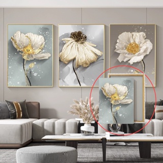 โปสเตอร์ภาพวาดผ้าใบ ลายดอกไม้ สีขาว สีทอง สไตล์นอร์ดิก สําหรับตกแต่งผนังบ้าน ห้องนั่งเล่น ห้องนอน มี 3 ชิ้น