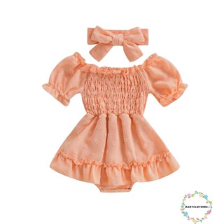 Babyclothes- ชุดรอมเปอร์ แขนสั้น เปิดไหล่ ทรงเอ พร้อมที่คาดผม สําหรับเด็กผู้หญิง