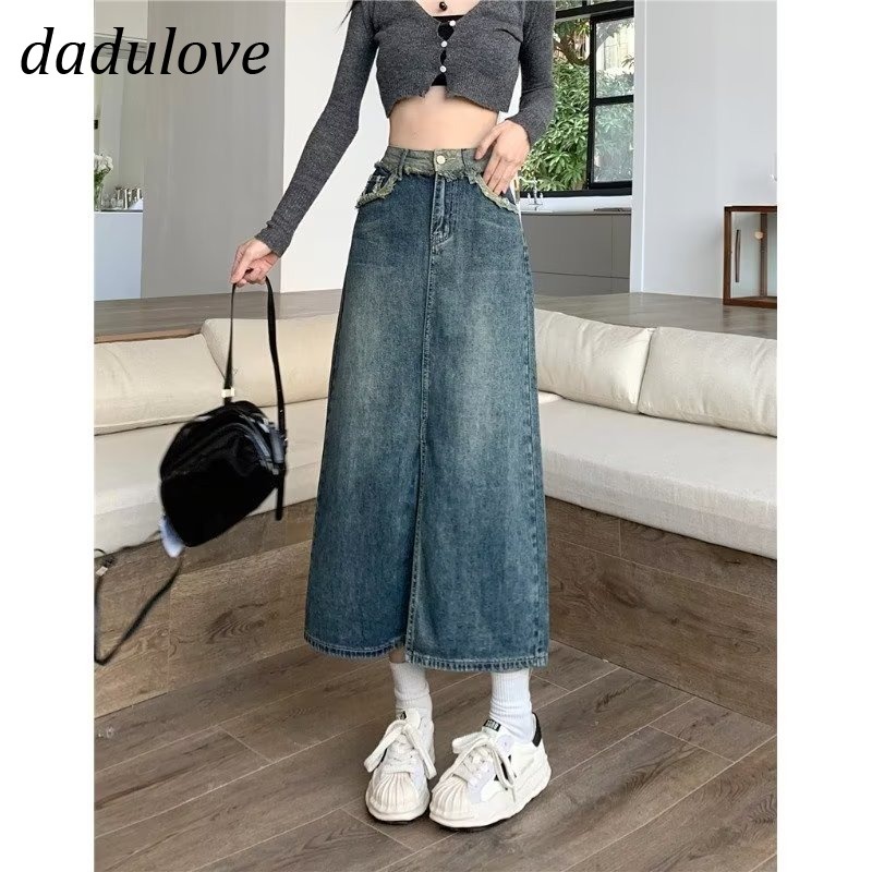 dadulove-new-american-ins-high-street-retro-slit-denim-skirt-niche-high-waist-a-line-skirt-large-size-bag-hip-skirt