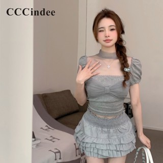 Cccindee เสื้อยืด คอสี่เหลี่ยม แขนพอง ประดับโบว์ เข้ารูป สีพื้น แฟชั่นใหม่ สําหรับผู้หญิง 2023