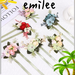 Emilee สร้อยข้อมือ ดอกไม้ประดิษฐ์ ประดับมุก ดอกไม้ประดิษฐ์ แบบผูกเชือก อุปกรณ์เสริม สําหรับเจ้าสาว งานพรอม งานแต่งงาน งานพรอม เพื่อนเจ้าสาว