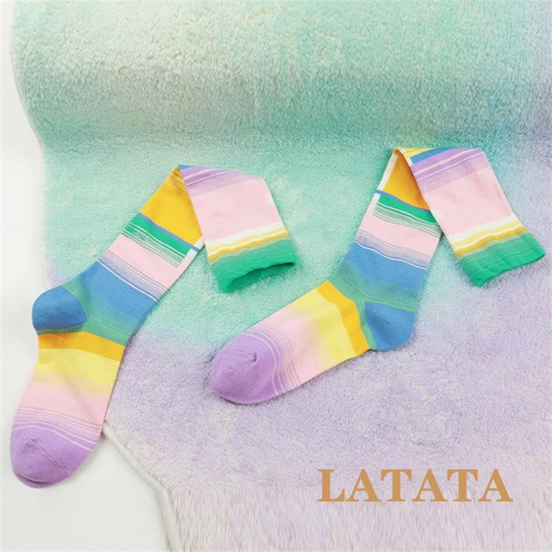latata-ถุงเท้าข้อสูง-ยาวถึงเข่า-แบบยืดหยุ่น-ไล่โทนสี-สไตล์เรโทร-สําหรับผู้หญิง