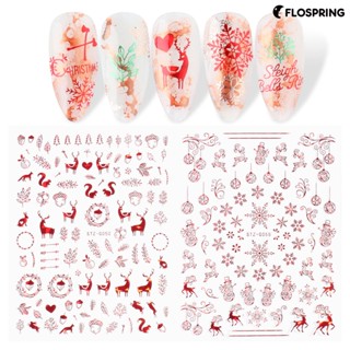 Flospring สติกเกอร์ติดเล็บ ลายกวาง เกล็ดหิมะ สโนว์แมน DIY สําหรับตกแต่งเล็บ ปาร์ตี้คริสต์มาส