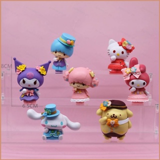 โมเดลตุ๊กตาฟิกเกอร์ Sanrio Flower Series Kuromi Melody Kitty Cinnamoroll Purin Twins ของเล่นสําหรับเด็ก 23 6 ชิ้น