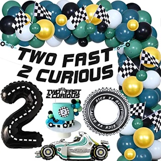 Two Fast Two Curious ลูกโป่งแบนเนอร์ ลาย Lets Go Racing สไตล์วินเทจ 2 ลูกโป่ง สําหรับตกแต่งเค้กวันเกิด 2 ปี