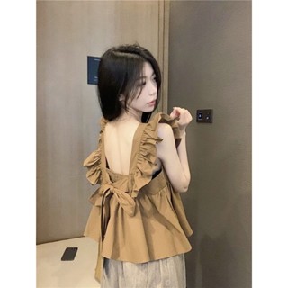 เสื้อเชิ้ตแขนกุด ประดับโบว์ ขนาดเล็ก แฟชั่นฤดูร้อน สําหรับผู้หญิง HRFU
