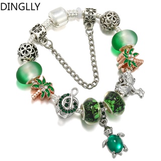 Dinglly จี้เต่า สีเขียว เครื่องประดับ สําหรับผู้หญิง ผีเสื้อ และโน้ต สร้อยข้อมือ ลูกปัดสีเงิน