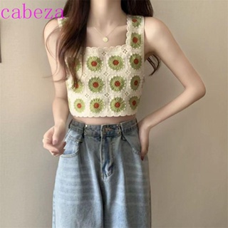 Cabeza เสื้อครอปท็อปลําลอง คอวี ผ้าถักโครเชต์ ปักลายดอกไม้ สไตล์โบฮีเมียน แนวสตรีท สําหรับผู้หญิง