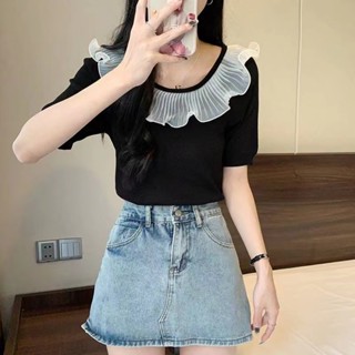 เสื้อยืดแขนสั้น ผ้าถัก เข้ารูป เข้ากับทุกการแต่งกาย แฟชั่นฤดูร้อน สไตล์เกาหลี สําหรับผู้หญิง HWYS