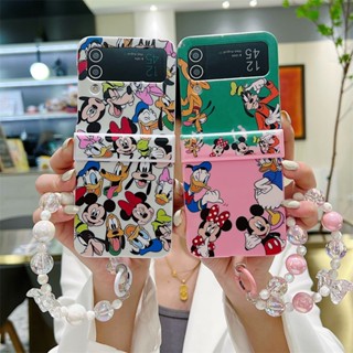 3in1 เคสโทรศัพท์มือถือ PC แข็ง กันกระแทก ลายการ์ตูนมิกกี้ สีชมพู พร้อมสายโซ่คล้อง สําหรับ Samsung Galaxy Z Flip 4 5G Z Flip 3