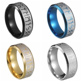 แบรนด์ใหม่ แหวนแฟชั่น สเตนเลส ไทเทเนียม ลายตัวอักษร Viking สไตล์เรียบง่าย สําหรับผู้ชาย และผู้หญิง 8 มม.