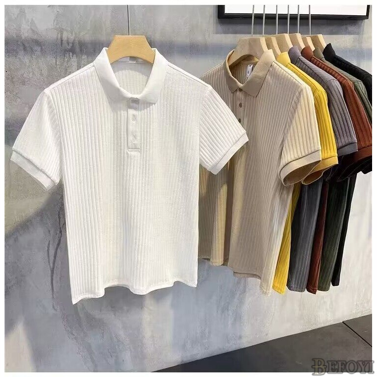 เสื้อโปโลแขนสั้นลําลอง-คอปก-ทรงหลวม-ลายทาง-สีกากี-สไตล์เกาหลี-สําหรับผู้ชาย