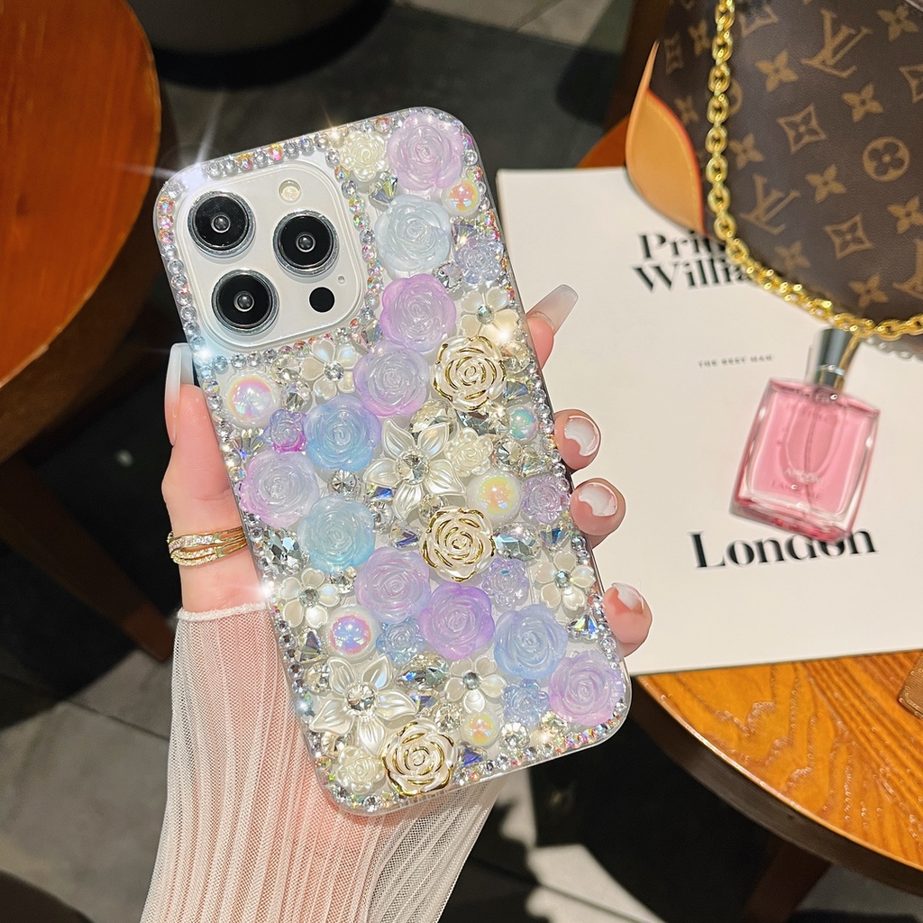 เคส-iphone-14-pro-max-13-12-11-pro-max-xs-max-13-12-โทรศัพท์มือถือ-ประดับมุก-พลอยเทียม-กลิตเตอร์-ระยิบระยับ-ลายดอกกุหลาบ-3d-หรูหรา-สําหรับ