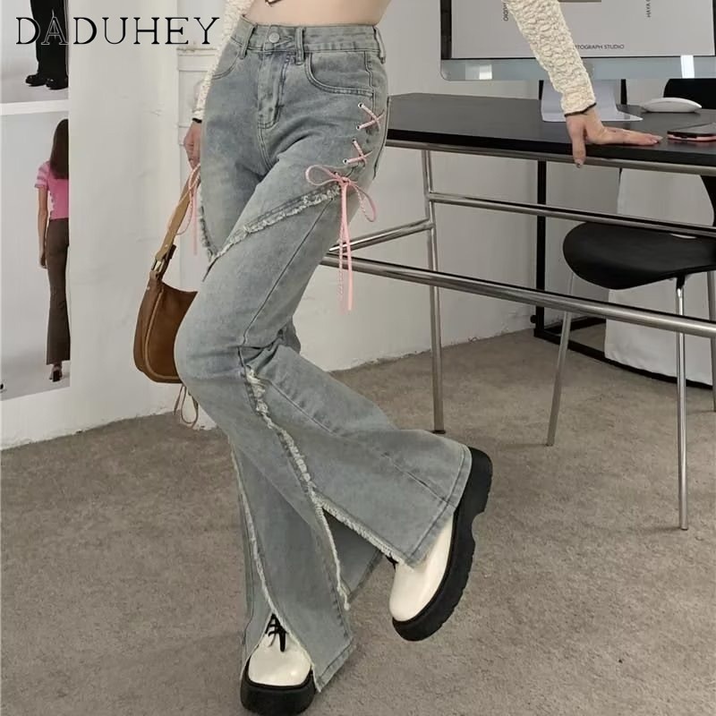 daduhey-new-american-style-ins-side-drawstring-design-high-street-retro-micro-flared-jeans-women-niche-high-waist-bell-bottom-pants