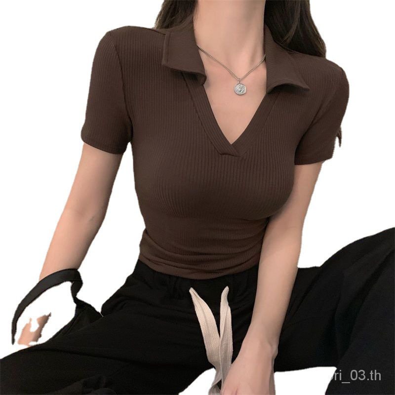 เสื้อยืด-เซ็กซี่สาวฮอตเข้ารูปvคอปกแขนสั้นผู้หญิงฤดูร้อนสีทึบpoloเสื้อเชิ้ตใส่แล้วดูผอมถักด้วยด้ายtเสื้อท่อนบน-ax3002