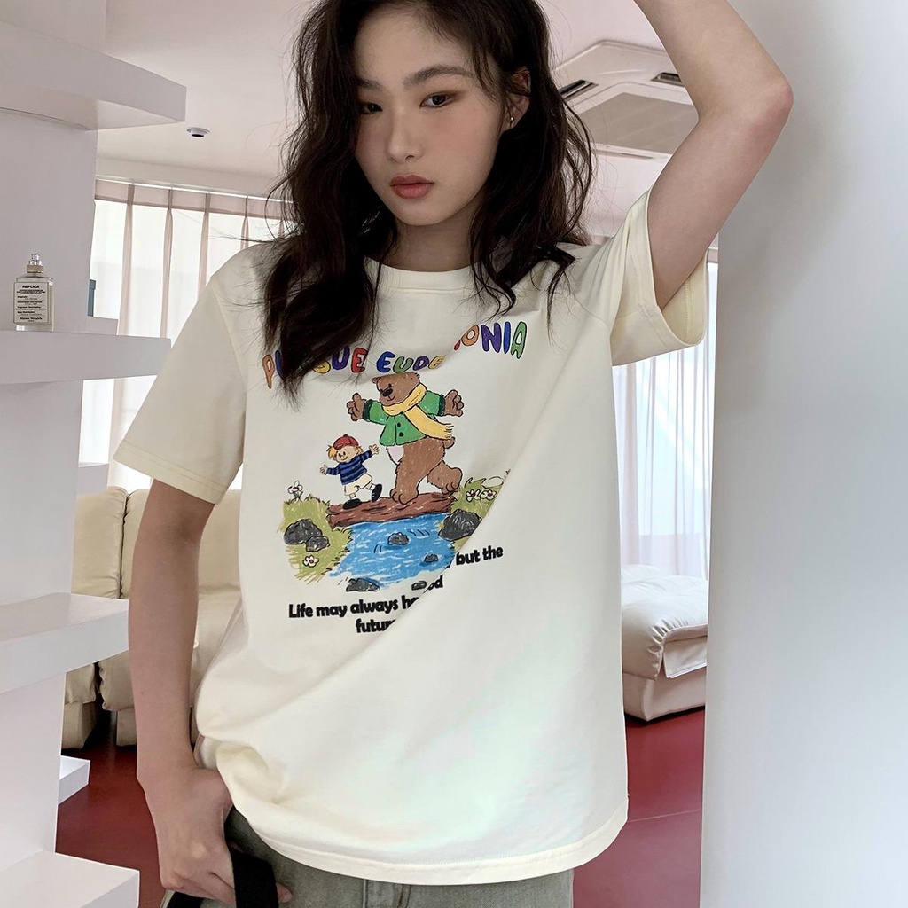 akifoon-2420-เสื้อยืดโอเวอร์ไซส์-ลายหมี-oversize-เสื้อคู่รักพิมพ์ลายการ์ตูนน่ารัก