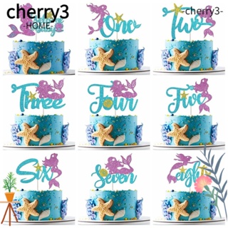 Cherry3 ป้ายธงเค้ก รูปนางเงือก แต่งกลิตเตอร์ สําหรับตกแต่งหน้าเค้ก