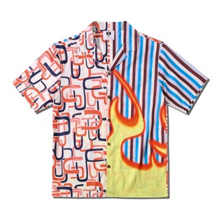 เสื้อเชิ้ตแขนสั้นลําลอง คอปก พิมพ์ลายเปลวไฟ ดิจิทัล ทรงหลวม สไตล์ยุโรป และอเมริกา แนวสตรีท สําหรับผู้ชาย และผู้หญิง