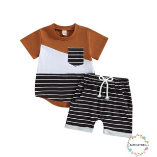Babyclothes- ชุดเสื้อยืดแขนสั้น กางเกงขาสั้น ผ้ายืด ลายทาง แฟชั่นฤดูร้อน สําหรับเด็กผู้ชาย 2 ชิ้น