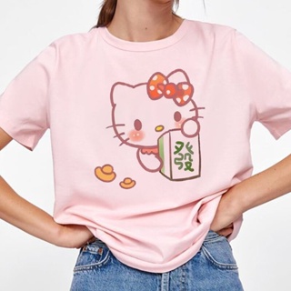 เสื้อยืดผ้าฝ้าย 2023 [S-5XL]ผ้าฝ้าย 100% Kawaii T Shirt Women Blouse Short Sleeve T Shirts Cartoon Hello Kitty Printing