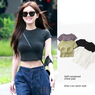 2 In 1 เสื้อครอปท็อป คอกลม แขนสั้น ระบายอากาศ สําหรับผู้หญิง