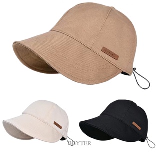 Bbyter หมวกบังแดด แบบพับได้ สําหรับผู้หญิง / หมวกชาวประมง สีพื้น / หมวกปีกกว้าง เชือกรูด ฤดูร้อน