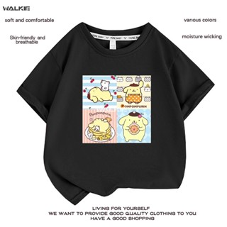 Walkie เสื้อยืดแขนสั้น ผ้าฝ้ายแท้ พิมพ์ลายการ์ตูนอนิเมะ Sanrios Kawaii Pom Pom Purin น่ารัก ทรงหลวม เหมาะกับของขวัญวันเก