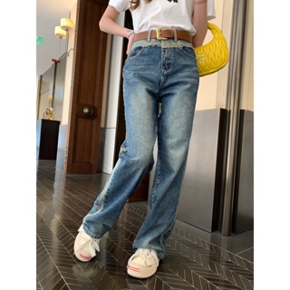 WCWN MIU MIU 2023 autumn and winter New contrast color wool edge decoration high waist wide leg denim trousers old retro design for women