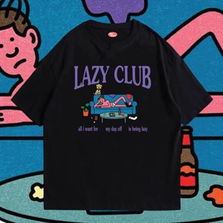 LAZY CLUB ผ้าCotton 100% มีสองสี เสื้อยืดลําลองสําหรับผู้ชายแขนสั้นคลาสสิคพิมพ์ลาย