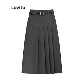สินค้า Lovito กระโปรงสตรีลำลอง สีพื้น ทรงพลีท ทรงอสมมาตร L45AD051(สีเทา)