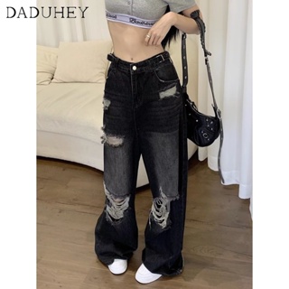 DaDuHey🎈 Womens New American Style Ins Retro Ripped Jeans High Waist Niche Loose Wide Leg Pants Trousers
