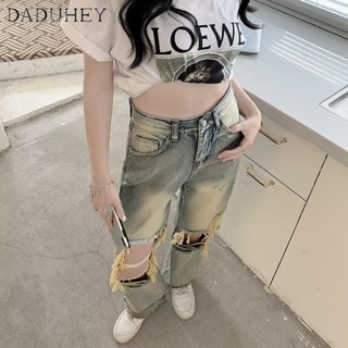 DaDuHey🎈 Women American Style High Street Hiphop Loose Slim and Wide Leg Korean Style High Waist Ripped Jeans
