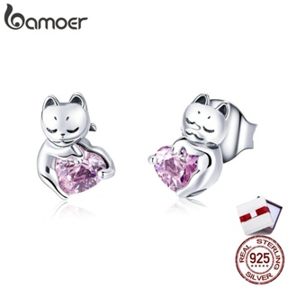 BAMOER Cat Collection Small Stud Earrings 925 Sterling Silver Pink Cubic Zircon