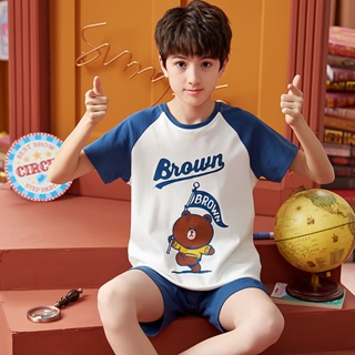 Summer cute cartoon childrens home clothes New childrens cotton brown bear short-sleeved pajamas