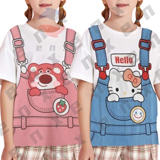 เสื้อยืดแขนสั้น พิมพ์ลาย Disney Strawberry Bear Hello Kitty สําหรับเด็กผู้หญิง อายุ 3-13 ปี