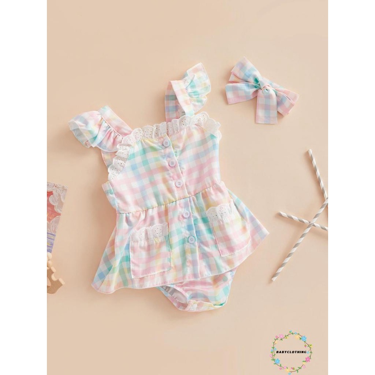 babyclothes-ชุดรอมเปอร์-แขนพอง-ลายสก๊อต-แต่งลูกไม้-ทรงเอ-พร้อมที่คาดผม-ฤดูร้อน-สําหรับเด็กผู้หญิง