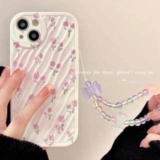 เคสโทรศัพท์มือถือ tpu นิ่ม ลายดอกไม้สีม่วง พร้อมสายโซ่คล้อง สําหรับ iPhone 11pro 14 14promax 14pro 13pro 12pro 12promax 13promax