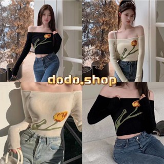 DODO*สินค้าใหม่พร้อมส่ง🌼เสื้อไหมพรมแขนยาวคอเหลี่ยมลาย ดอกทิวลิปน่ารักสไตล์เกาหลี (98116)