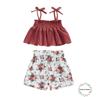 Babyclothes- เสื้อผ้าเด็กผู้หญิง ชุดสูท สีพื้น ผูกเชือกสปาเก็ตตี้ แขนกุด เสื้อกล้าม และกางเกงขาสั้น พิมพ์ลายดอกไม้ 2 ชิ้น