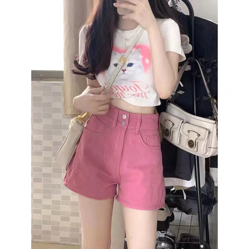 กางเกงยีนขาสั้น-ขากว้าง-เอวสูง-ทรงหลวม-สีชมพู-ไซซ์-s-xl
